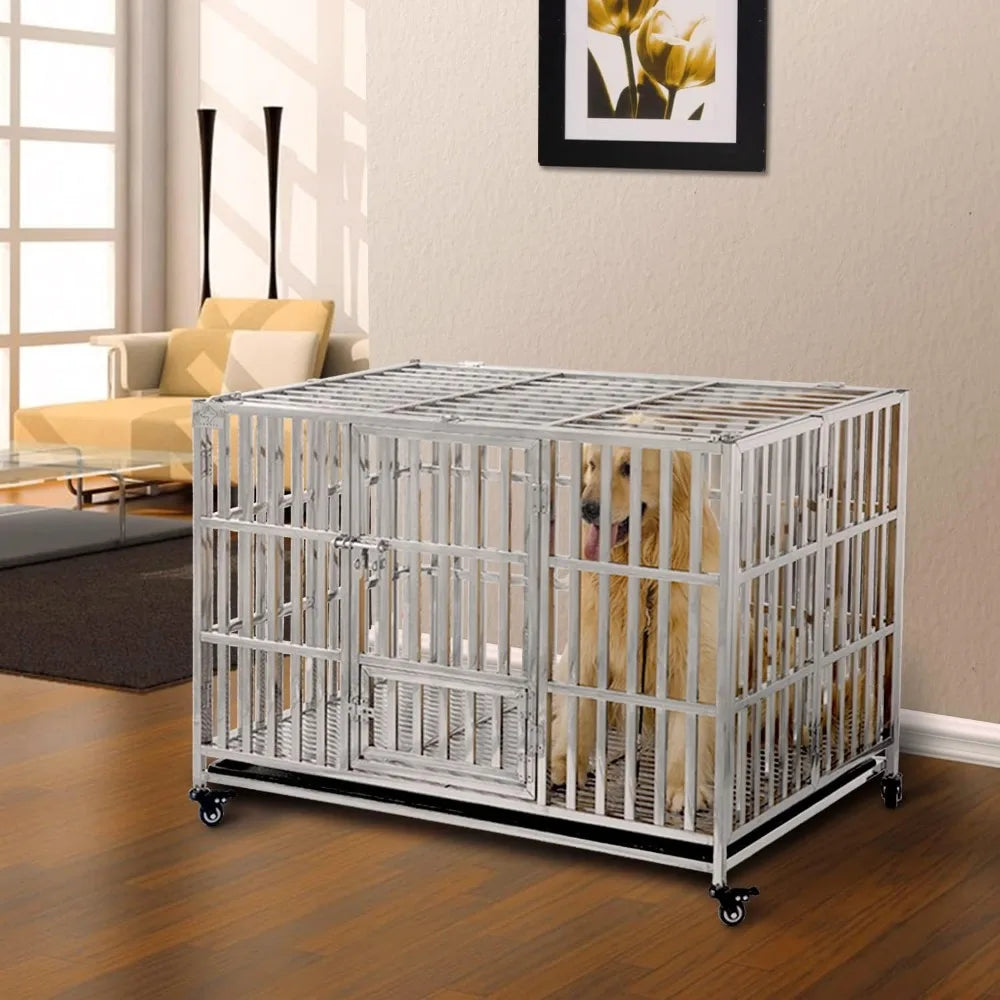Foldable Dog Kennel Stainless 48" Stackable Heavy Duty