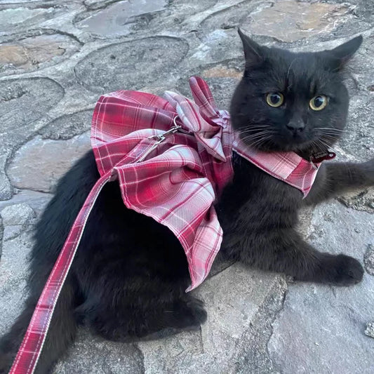 Cat Dog Harness Leash Plaid Dress